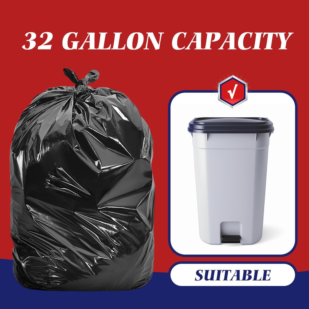 Teivio 30-33 Gallon Black Trash Bags | 100 Bags w/Ties 30,31,32,33Gal | Extra Large Multipurpose | Kitchen Office Garbage Bags | Lawn And Leaf Bags | Outdoor Yard Waste Bag | Workshops Trash Bin Liner