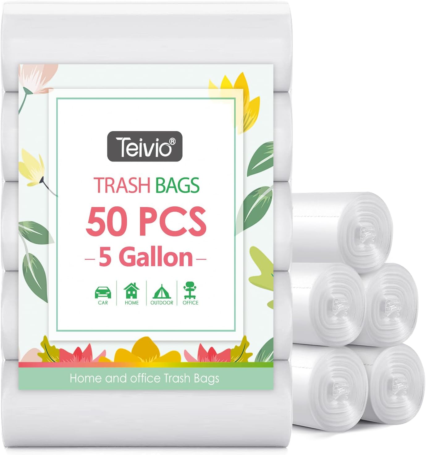 5 Gallon 50 Counts Strong Trash Bags Garbage Bags by Teivio, Bathroom Trash Can Bin Liners, Small Plastic Bags for home office kitchen, Clear