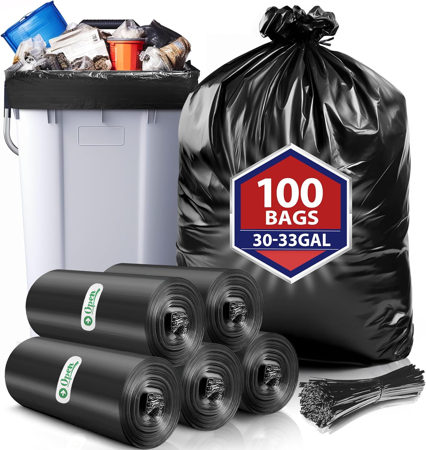 Teivio 30-33 Gallon Black Trash Bags | 100 Bags w/Ties 30,31,32,33Gal | Extra Large Multipurpose | Kitchen Office Garbage Bags | Lawn And Leaf Bags | Outdoor Yard Waste Bag | Workshops Trash Bin Liner