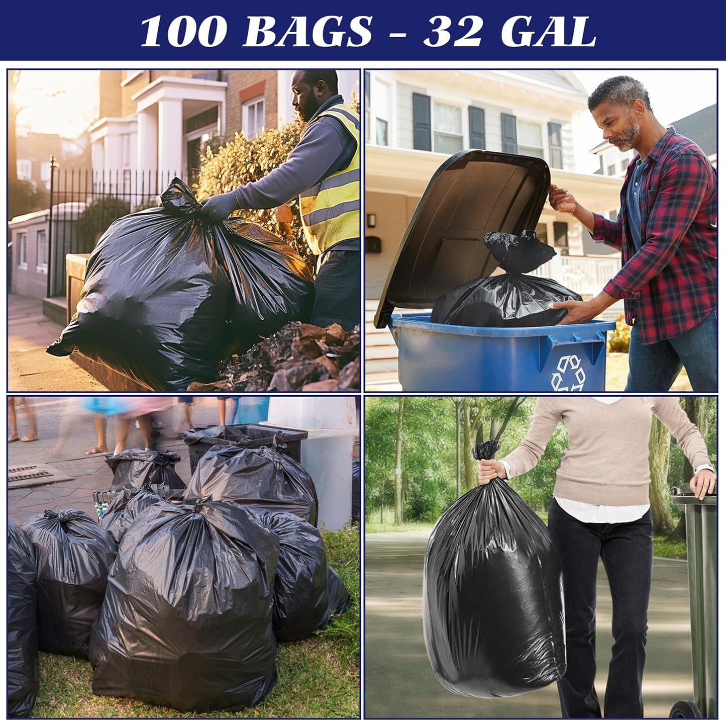 Teivio 30-33 Gallon Black Trash Bags | 100 Bags w/Ties 30,31,32,33Gal | Extra Large Multipurpose | Kitchen Office Garbage Bags | Lawn And Leaf Bags | Outdoor Yard Waste Bag | Workshops Trash Bin Liner