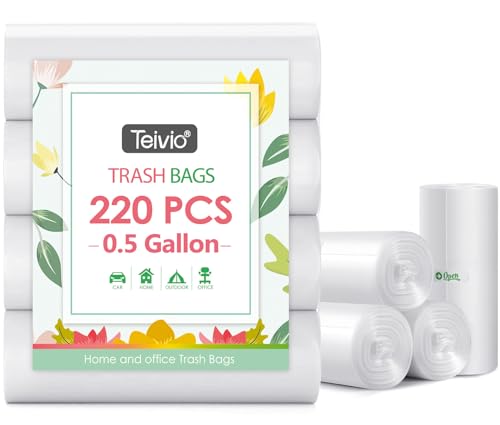 0.5 Gallon Mini Strong Trash Bags Garbage Bags, Tiny Bathroom Trash Can Liners by Teivio, Small Plastic Bags for Desktop Trash Bin/Dog/Poop Car, Fit 2 Liters or Less Can (220 Counts, Clear)