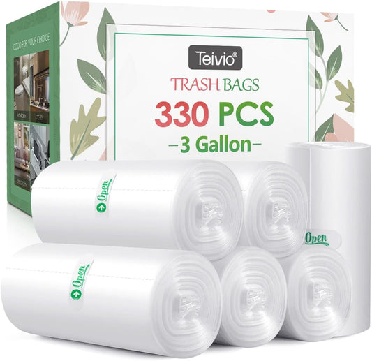 3 Gallon 330 Counts Strong Trash Bags Garbage Bags by Teivio, Bathroom Trash Can Bin Liners, Small Plastic Bags for home office kitchen, Clear