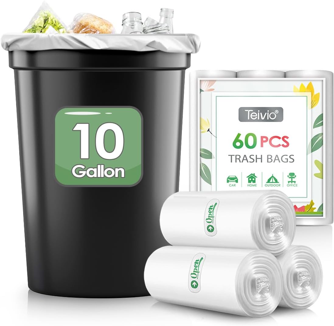 10 Gallon 60 Counts Strong Trash Bags Garbage Bags by Teivio, Bathroom Trash Can Bin Liners, Small Plastic Bags for home office kitchen, Clear