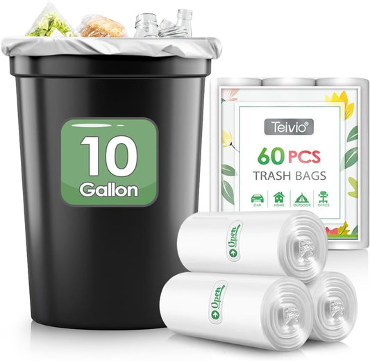 10 Gallon 60 Counts Strong Trash Bags Garbage Bags by Teivio, Bathroom Trash Can Bin Liners, Small Plastic Bags for home office kitchen, Clear