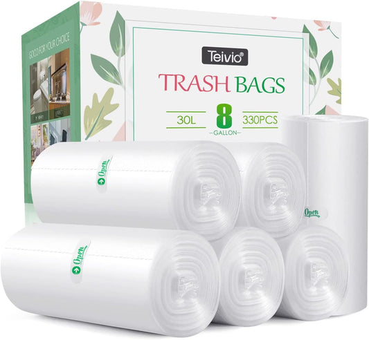 8 Gallon 330 Counts Strong Trash Bags Garbage Bags by Teivio, Bathroom Trash Can Bin Liners, Small Plastic Bags for home office kitchen, Clear