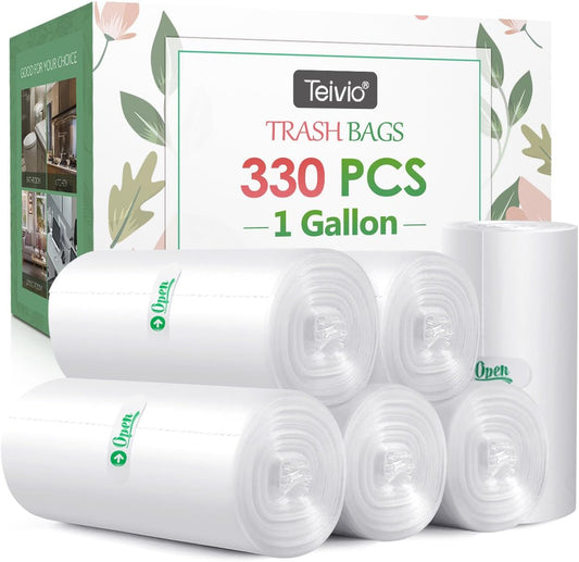 1 Gallon 330 Counts Strong Trash Bags Garbage Bags by Teivio, Bathroom Trash Can Bin Liners, Small Plastic Bags for home office kitchen, Clear