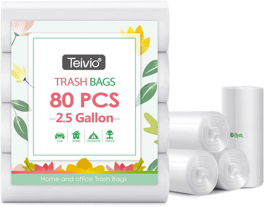 2.2 Gallon 80 Counts Strong Trash Bags Garbage Bags by Teivio, Bathroom Trash Can Bin Liners, Small Plastic Bags for home office kitchen, Clear