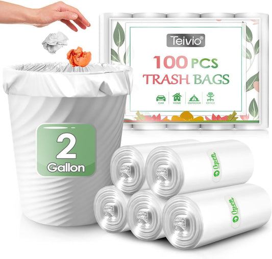2 Gallon 100 Counts Strong Trash Bags Garbage Bags by Teivio, Bathroom Trash Can Bin Liners, Small Plastic Bags for home office kitchen, Clear