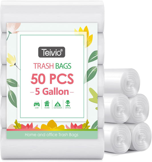 5 Gallon 50 Counts Strong Trash Bags Garbage Bags by Teivio, Bathroom Trash Can Bin Liners, Small Plastic Bags for home office kitchen, Clear
