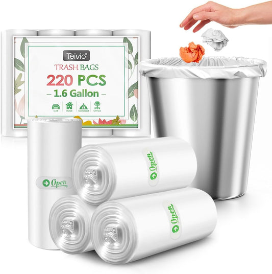 1.6 Gallon 220 Counts Strong Trash Bags Garbage Bags, Bathroom Trash Can Bin Liners, Small Plastic Bags for home office kitchen, Clear