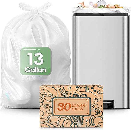 13 Gallon 30 Counts Strong Trash Bags Garbage Bags by Teivio, Bathroom Trash Can Bin Liners, Small Plastic Bags for home office kitchen, Clear
