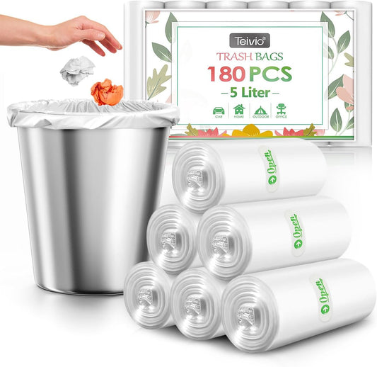 1.2 Gallon 180 Counts Strong Trash Bags Garbage Bags, Bathroom Trash Can Bin Liners, Small Plastic Bags for home office kitchen, fit 5-6 Liter, 0.8-1.6 and 1-1.5 Gal, Clear