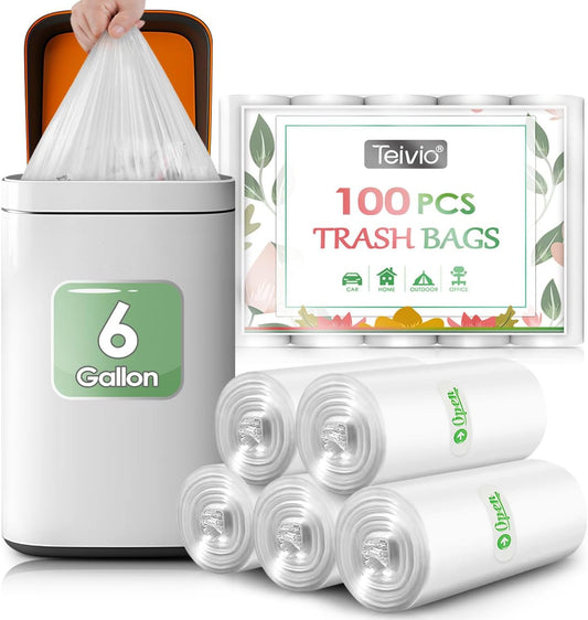 6 Gallon 100 Counts Strong Trash Bags Garbage Bags by Teivio, Bathroom Trash Can Bin Liners, Small Plastic Bags for home office kitchen, Clear