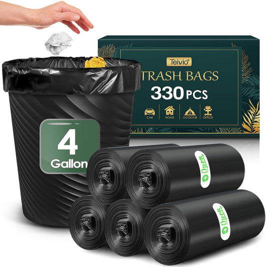 4 Gallon 330 Counts Strong Trash Bags Garbage Bags by Teivio, Bathroom Trash Can Bin Liners, Small Plastic Bags for home office kitchen, Black