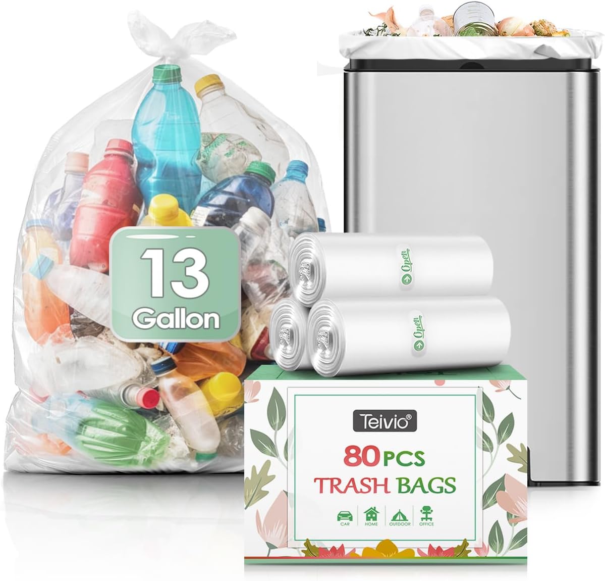 13 Gallon 80 Counts Strong Trash Bags Garbage Bags by Teivio, Bathroom Trash Can Bin Liners, Small Plastic Bags for home office kitchen, Clear