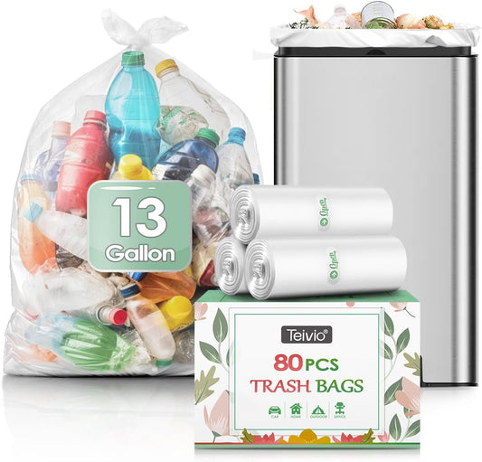13 Gallon 80 Counts Strong Trash Bags Garbage Bags by Teivio, Bathroom Trash Can Bin Liners, Small Plastic Bags for home office kitchen, Clear