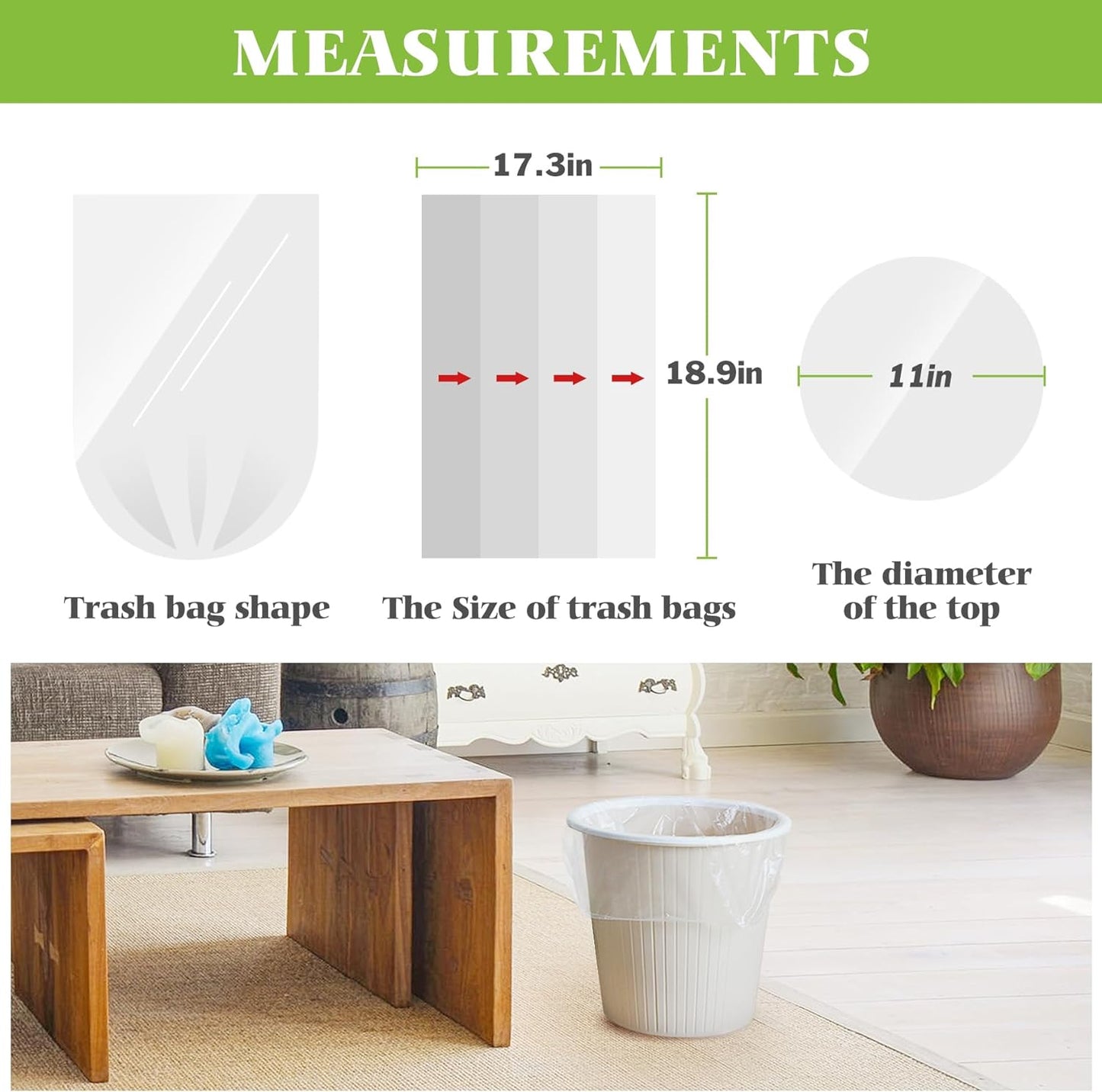 3 Gallon 100 Counts Strong Trash Bags Garbage Bags by Teivio, Bathroom Trash Can Bin Liners, Small Plastic Bags for home office kitchen, Clear