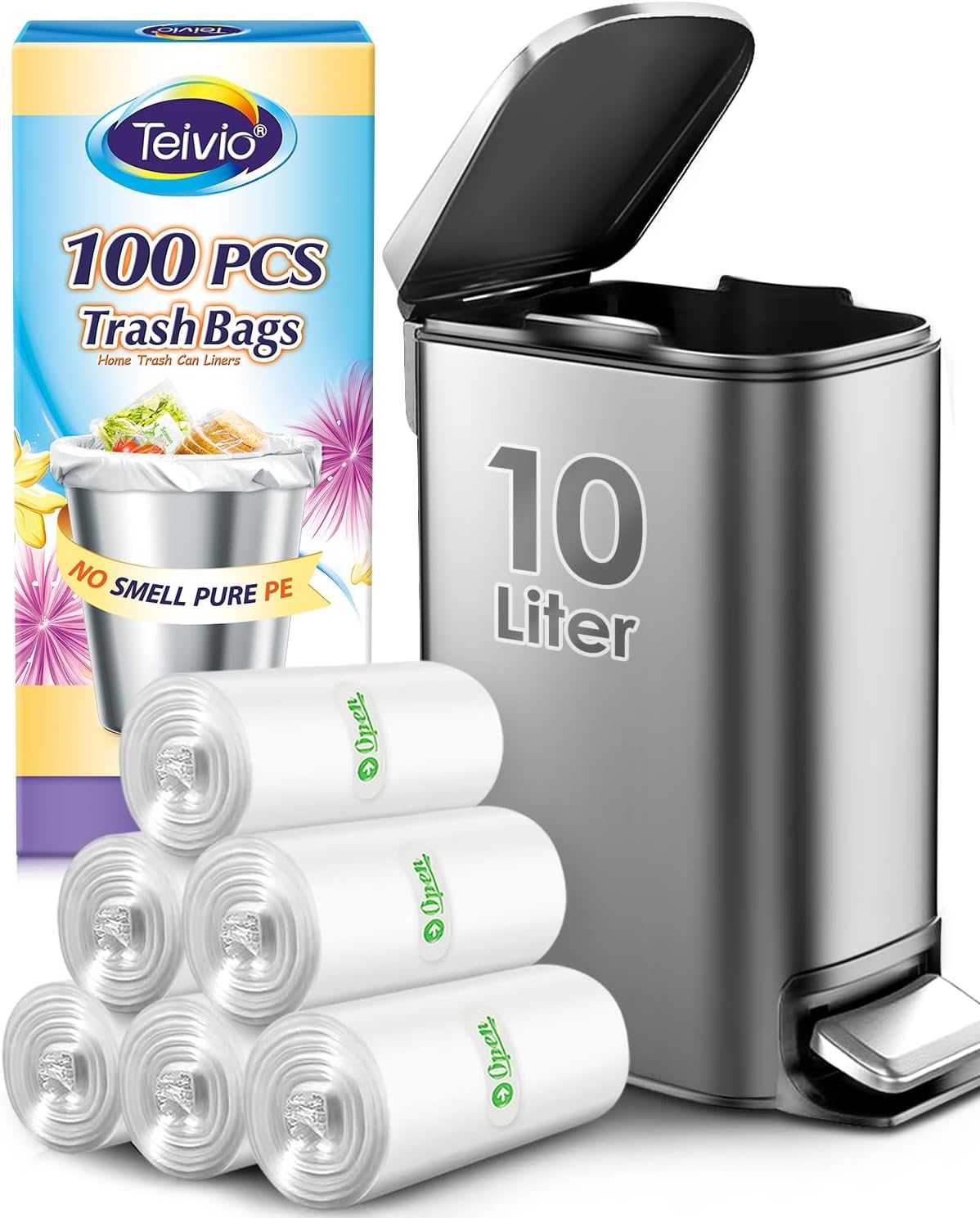 3 Gallon 100 Counts Strong Trash Bags Garbage Bags by Teivio, Bathroom Trash Can Bin Liners, Small Plastic Bags for home office kitchen, Clear