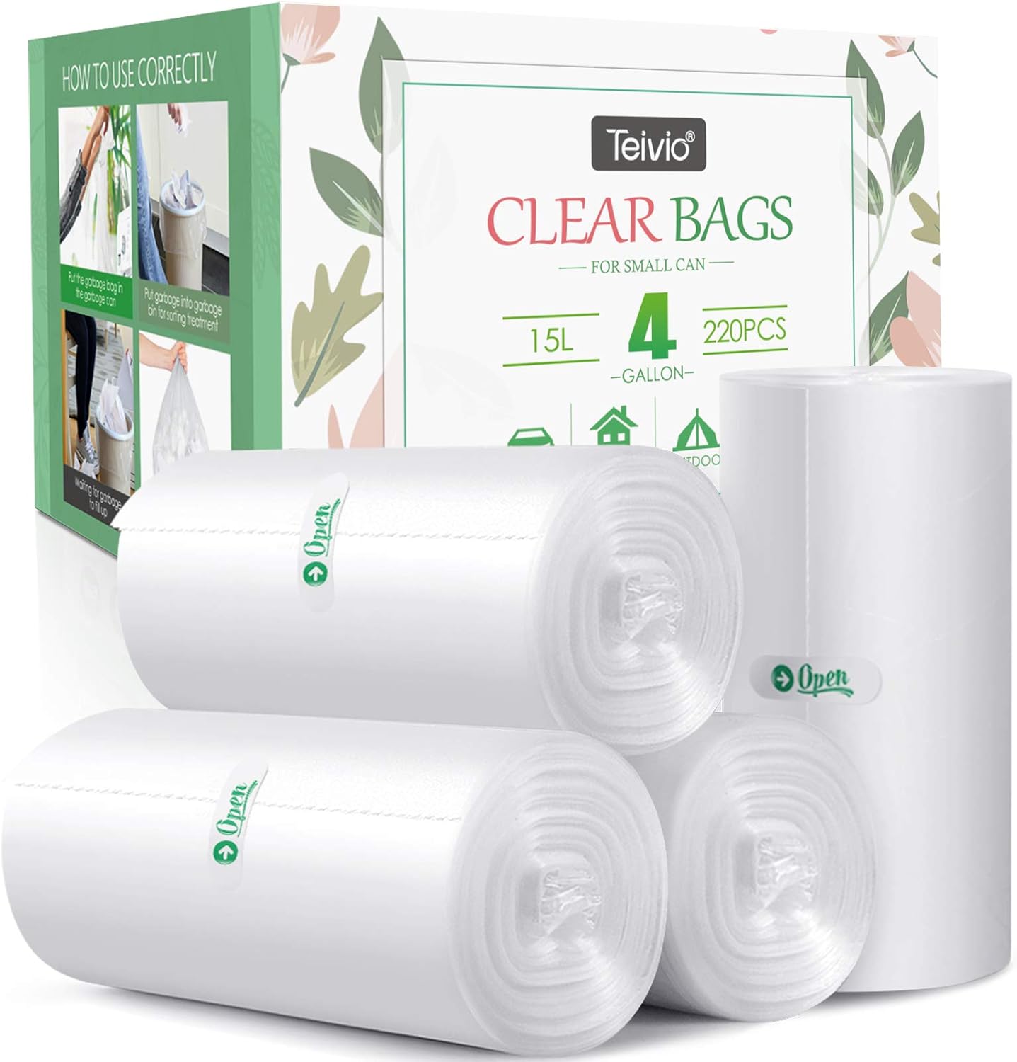 4 Gallon 220 Counts Strong Trash Bags Garbage Bags by Teivio, Bathroom Trash Can Bin Liners, Small Plastic Bags for home office kitchen, Clear