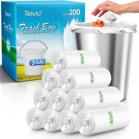 3 Gallon 200 Counts Strong Trash Bags Garbage Bags by Teivio, Bathroom Trash Can Bin Liners, Small Plastic Bags for home office kitchen, Clear