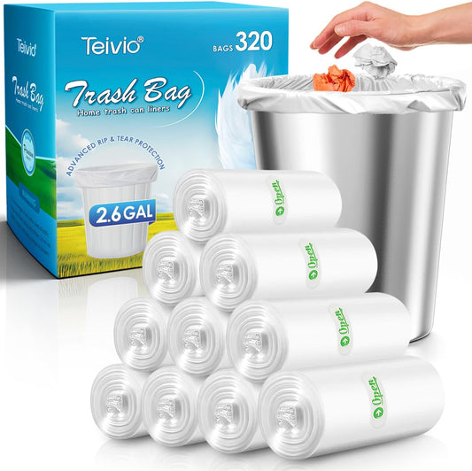 2.6 Gallon 320 Counts Strong Trash Bags Garbage Bags by Teivio, Bathroom Trash Can Bin Liners, Small Plastic Bags for home office kitchen, Clear