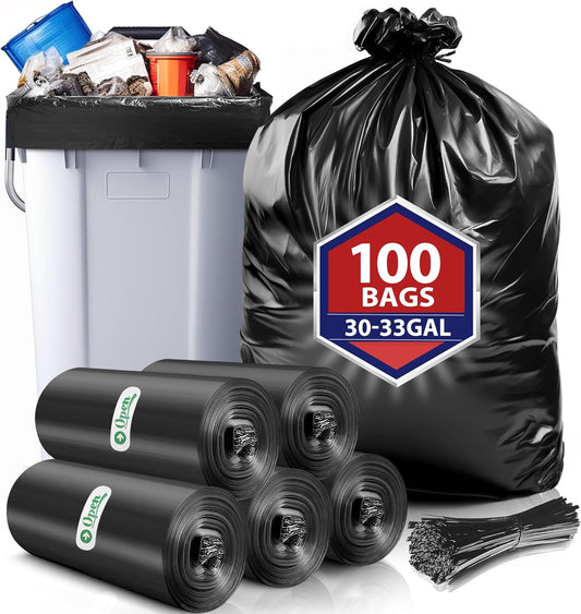 Teivio 30-33 Gallon Black Trash Bags | 100 Bags w/Ties 30,31,32,33Gal | Extra Large Multipurpose | Kitchen Office Garbage Bags | Lawn And Leaf Bags | Outdoor Yard Waste Bag | Workshops Trash Bin Liner